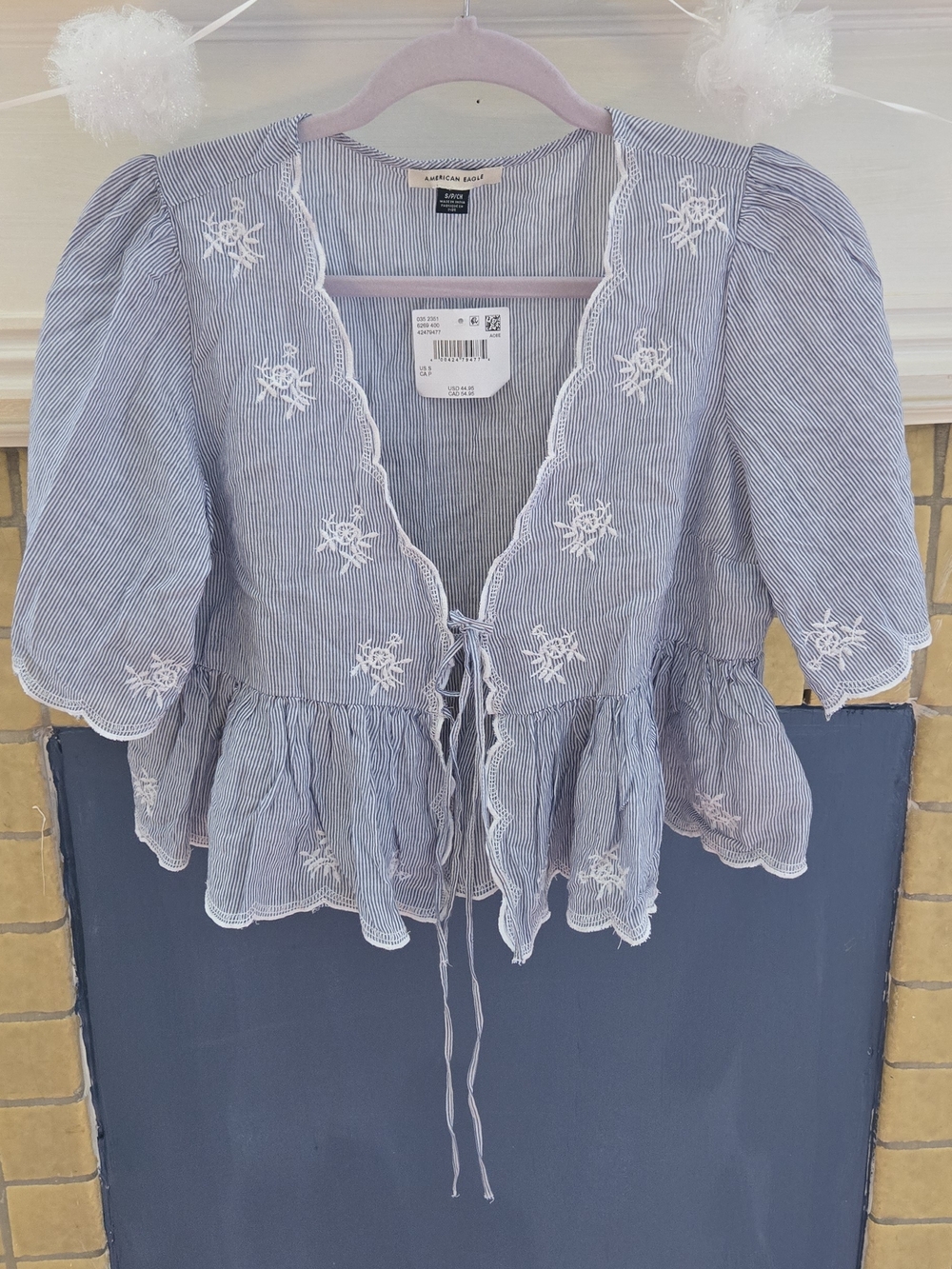American Eagle Outfitters Blue & White Striped Embroidered Tie-Front Peplum Top